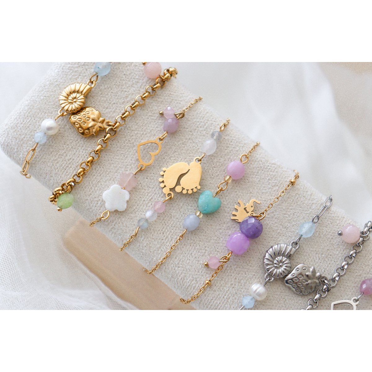 Muschelarmband Aquamarin und Perle – Silber