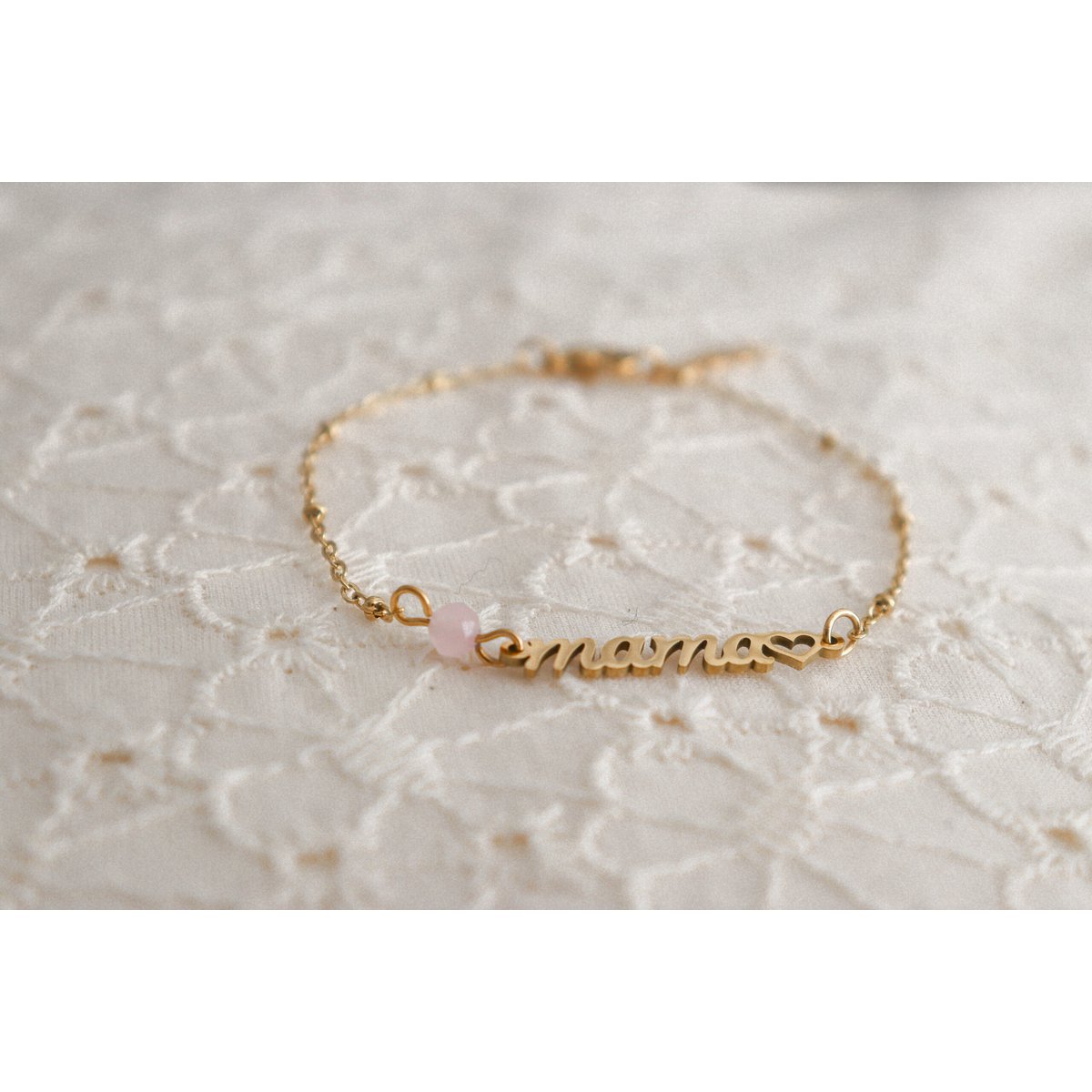 Mama & Rosenquarz-Armband – Gold