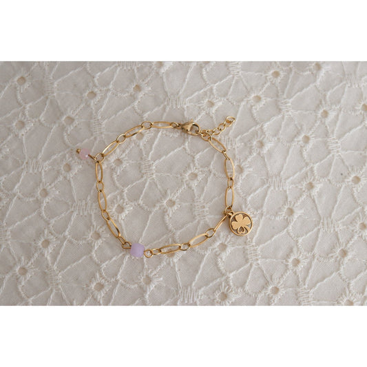 Armband aus Chalcedon, Rosenquarz und vierblättrigem Kleeblatt – Gold