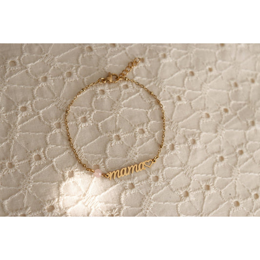 Mama & Rosenquarz-Armband – Gold