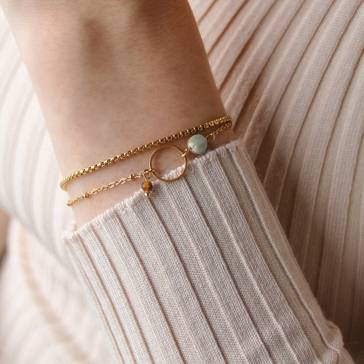 Armband Amazonit & Tigerauge Ring - Gold