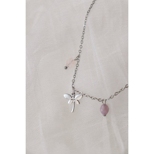 Halskette mit Libellen-Rosenquarz-Blume und Kunzit – Silber