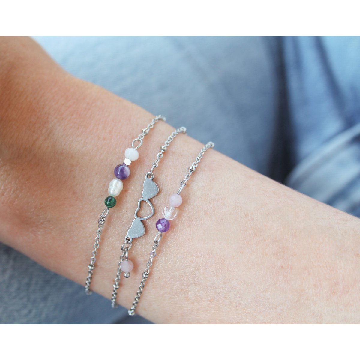Armband Herzen & Rosenquarz - Silber