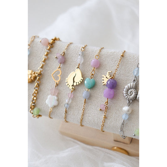 Rosenquarz-Kunzit-Armband Herz und Blumen – Gold