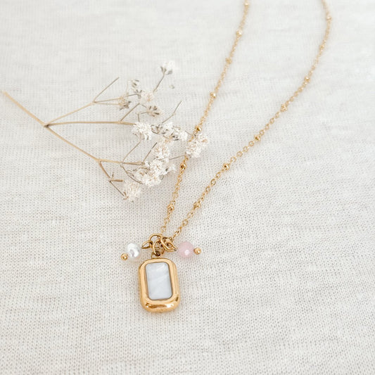 Halskette Muschel, Perle & Jade – Gold