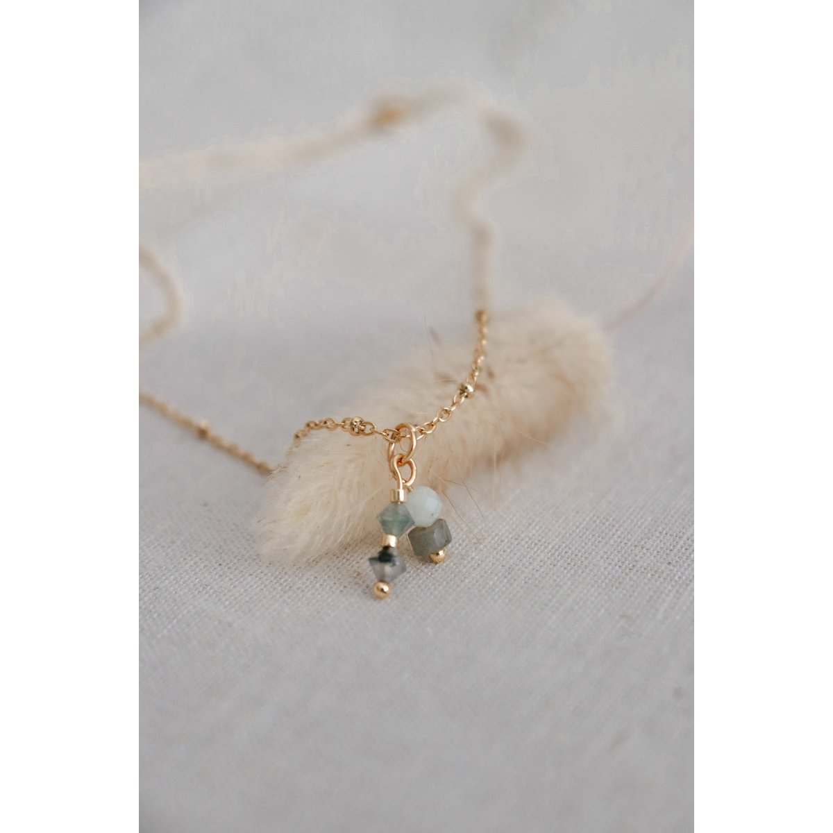 Halskette Moosachat, Jade & Labradorit – Gold