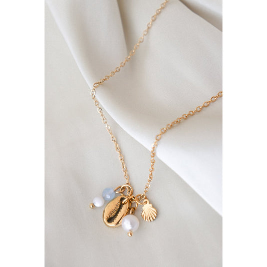 Muschelkette Aquamarin und Perle – Gold