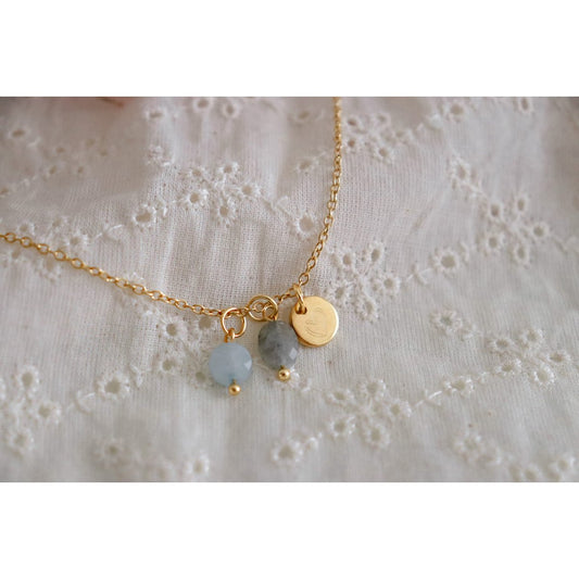 Halskette mit Aquamarin, Labradorit und Herz – Gold
