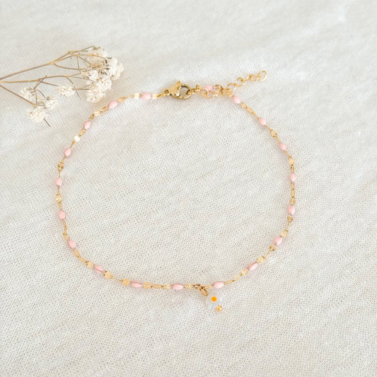 Fußkettchen Rosa Emaille & Gänseblümchen – Gold