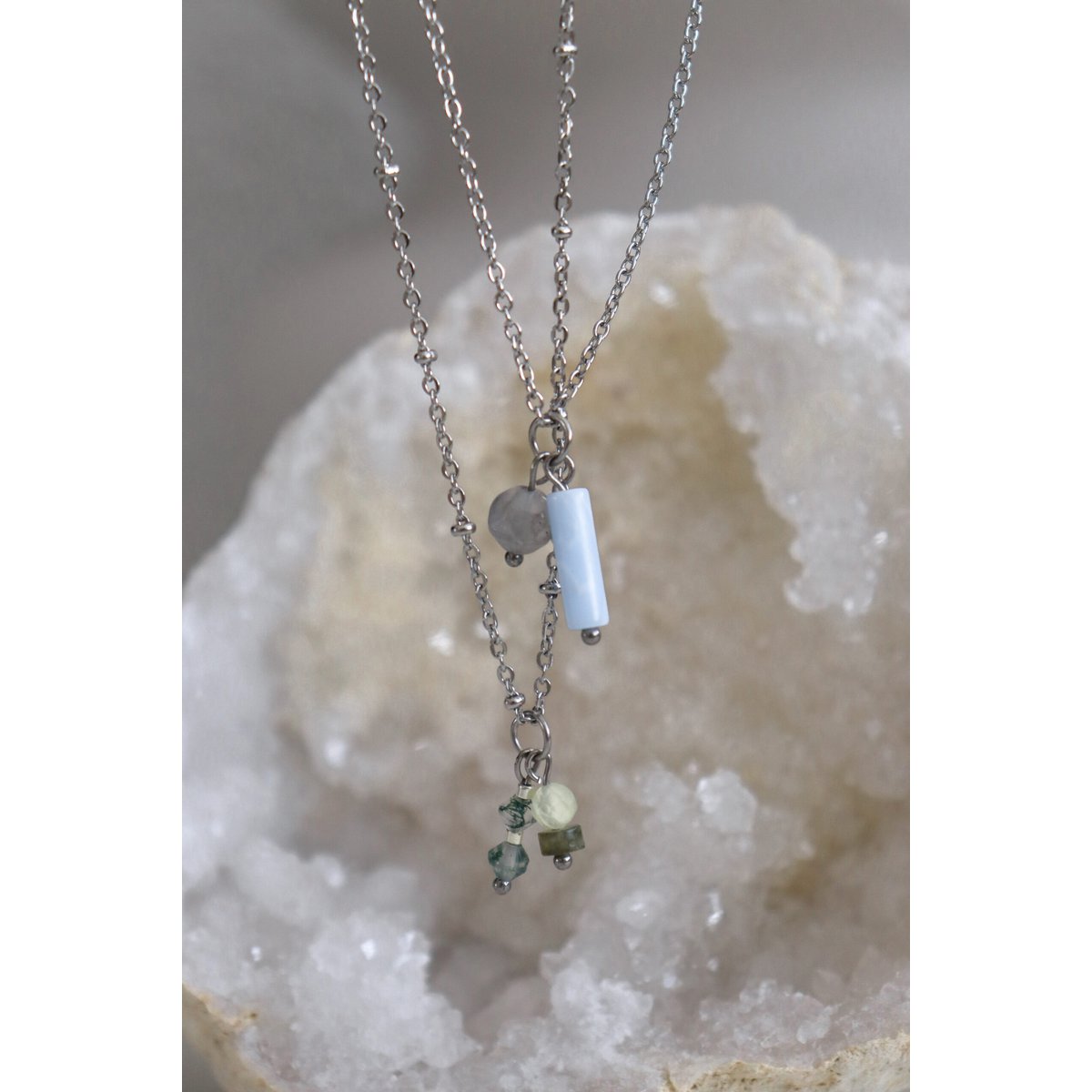 Aquamarin- und Achat-Halskette – Silber