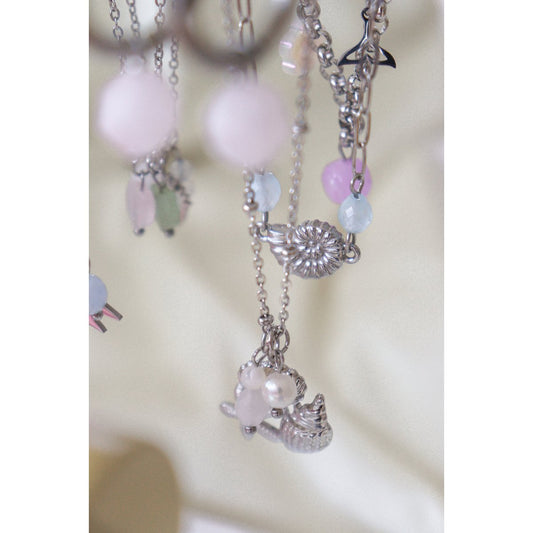 Halskette mit Seestern und Muschel, Perle und Jade – Silber