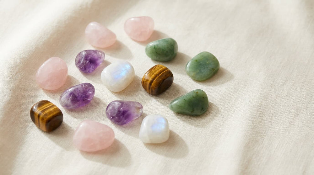 Verschiedene polierte Edelsteine — Rosenquarz, Amethyst, Mondstein, Tigerauge und Jade — sanft verteilt auf hellem Leinen