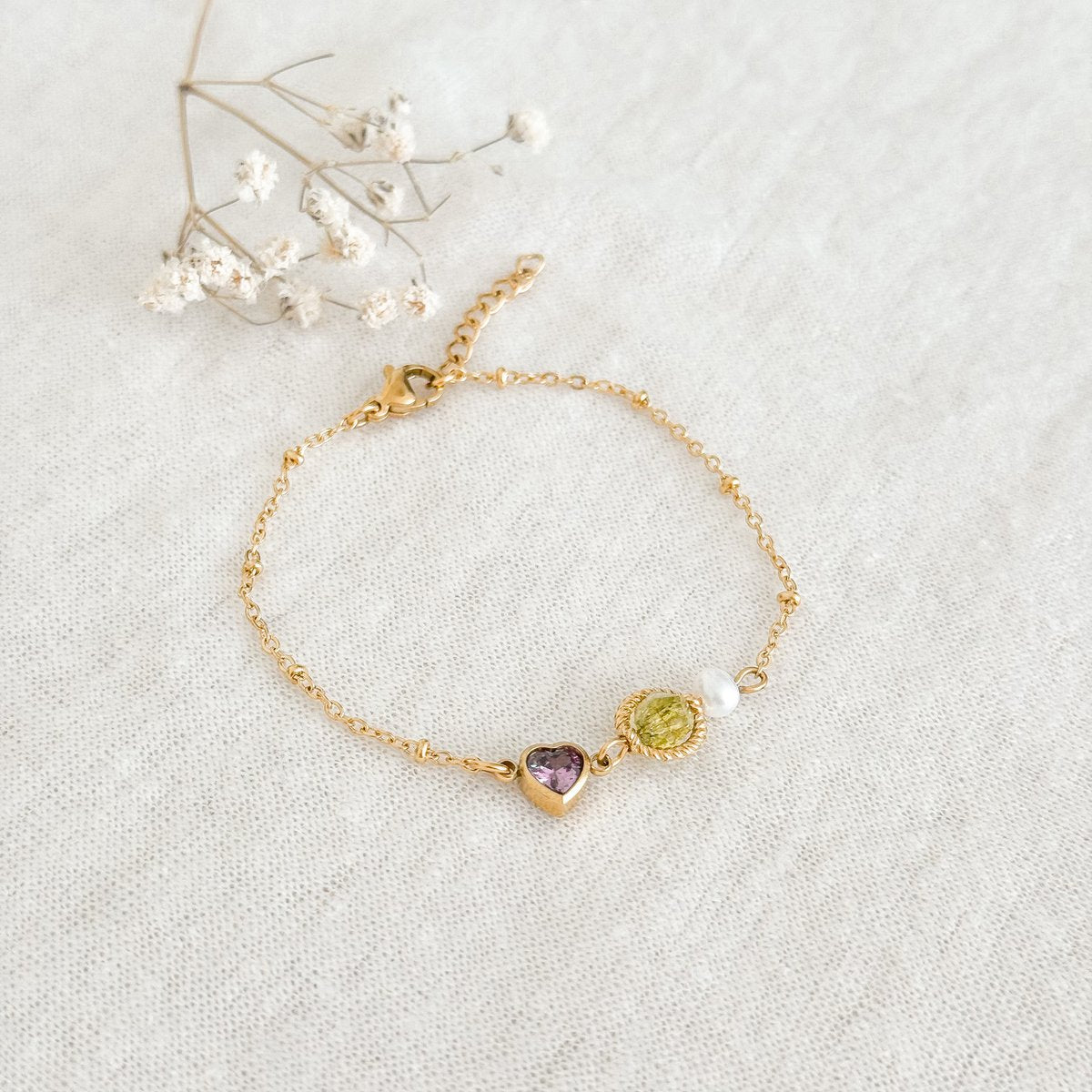 Peridot, Perl- und Herzarmband - Gold