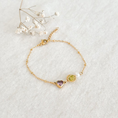 Peridot, Perl- und Herzarmband - Gold