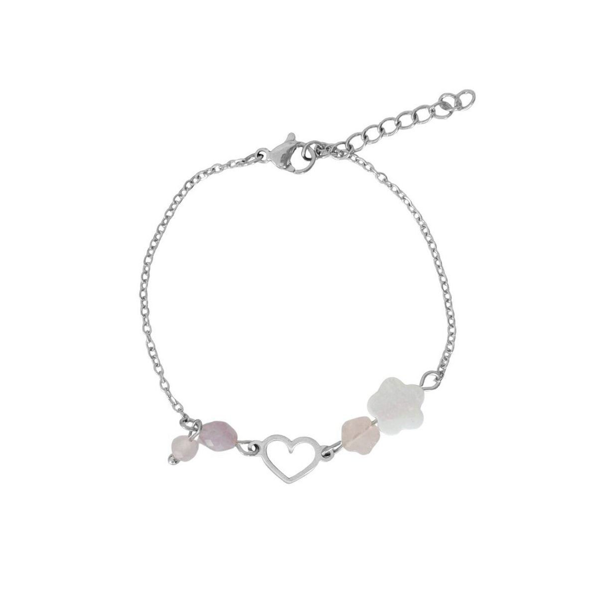 Rosenquarz-Kunzit-Armband Herz und Blumen – Silber