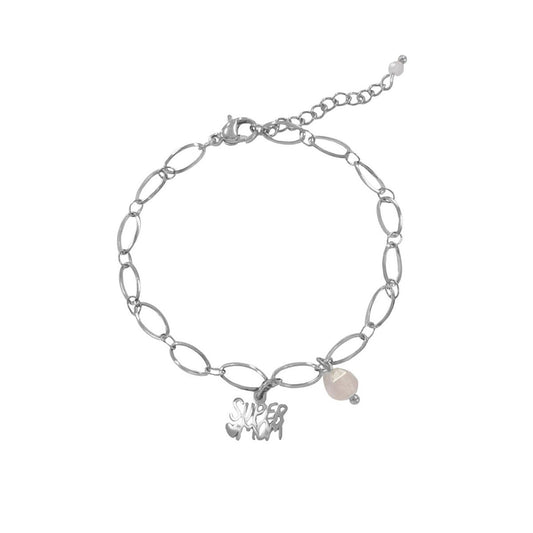 Super Mom & Rosenquarz-Armband – Silber