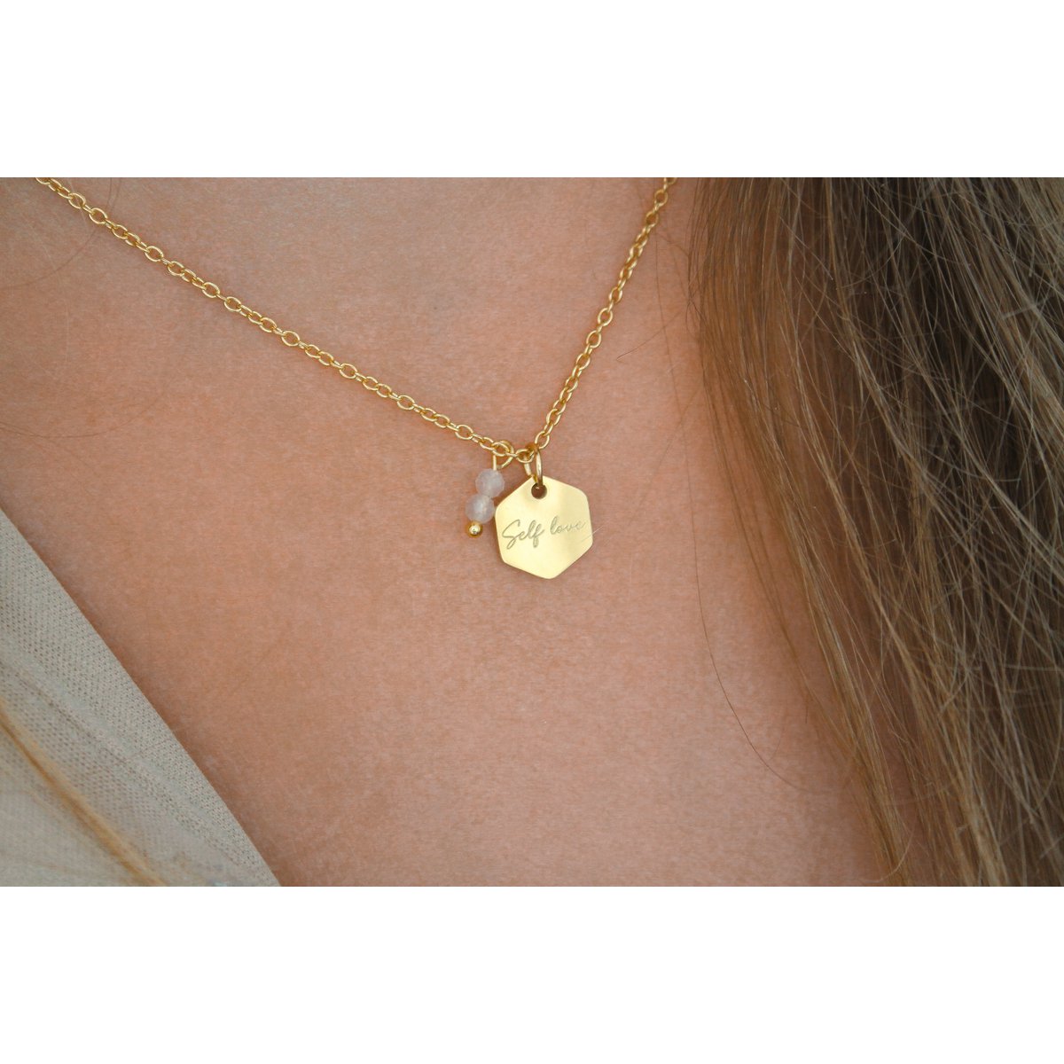 Halskette mit Selbstliebe und Rosenquarz – Gold