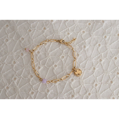 Armband aus Chalcedon, Rosenquarz und vierblättrigem Kleeblatt – Gold