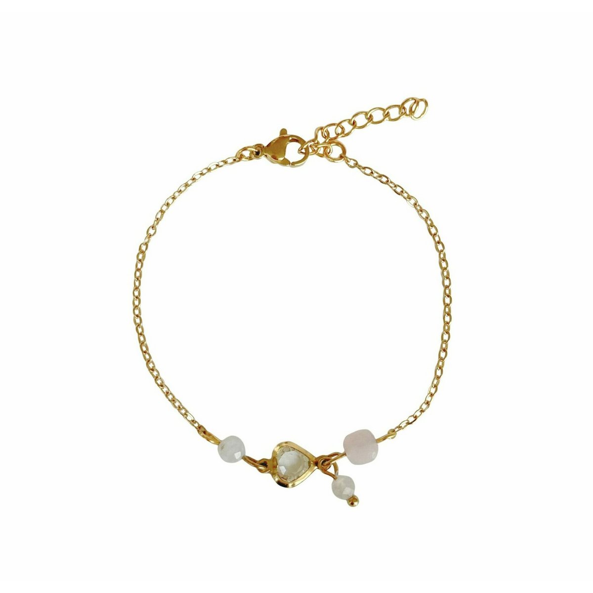 Armband Kristallherz, Mondstein & Rosenquarz – Gold
