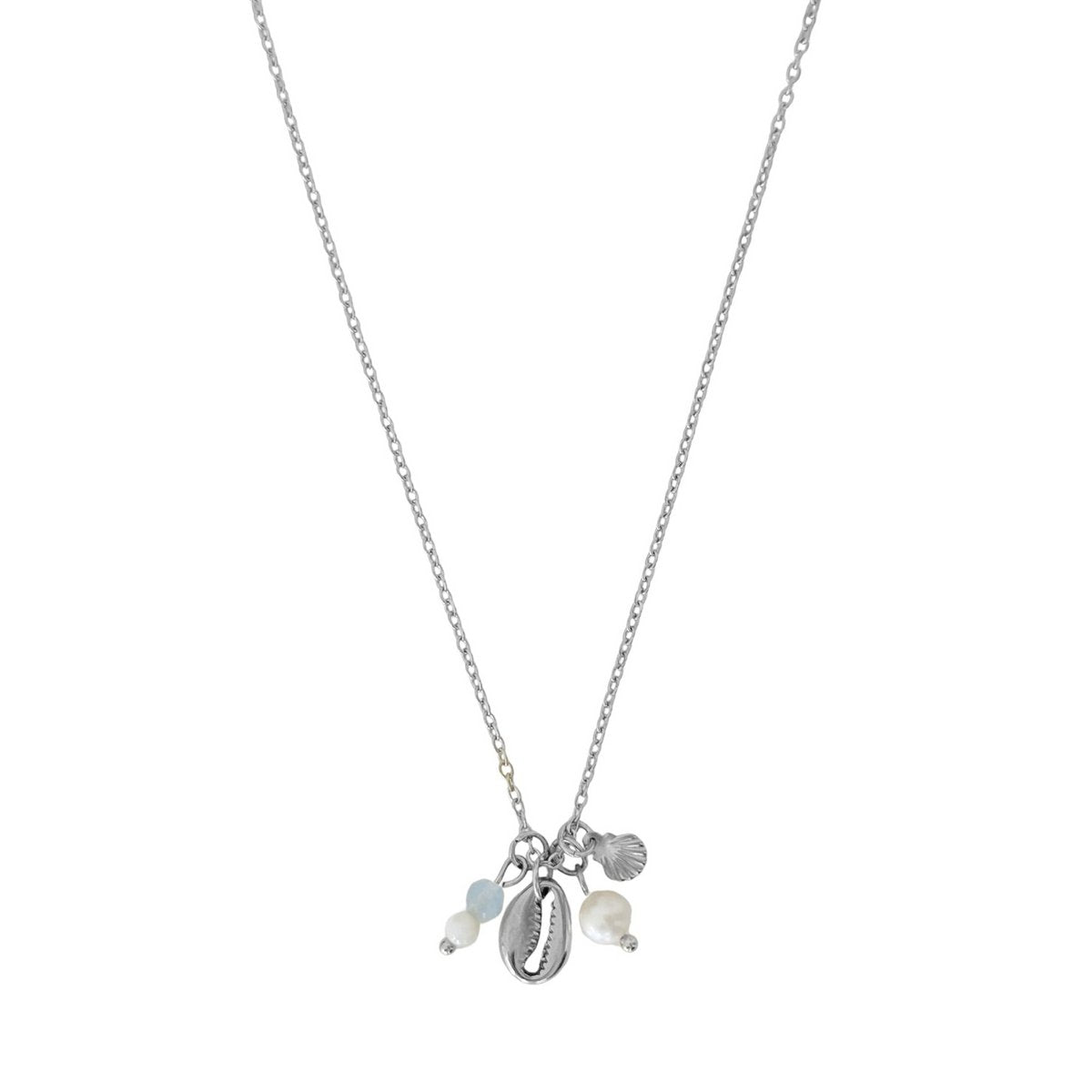 Muschelkette Aquamarin und Perle – Silber