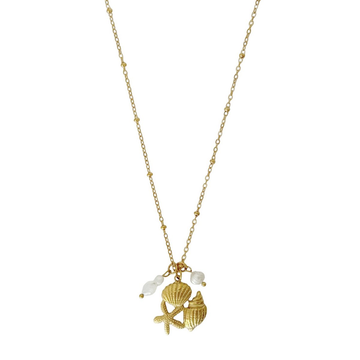 Halskette mit Seestern und Muschel, Perle und Jade – Gold