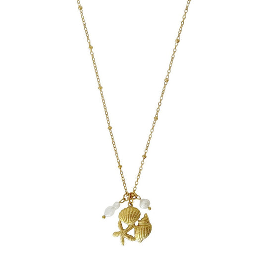Halskette mit Seestern und Muschel, Perle und Jade – Gold