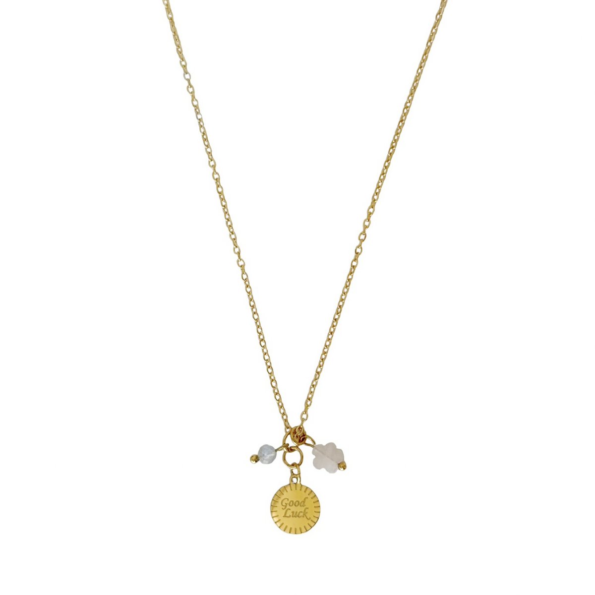 Viel Glück Halskette mit Rosenquarz-Blume und Labradorit – Gold