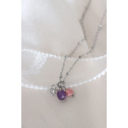 Halskette mit Amethyst, Rhodochrosit und vierblättrigem Kleeblatt – Silber