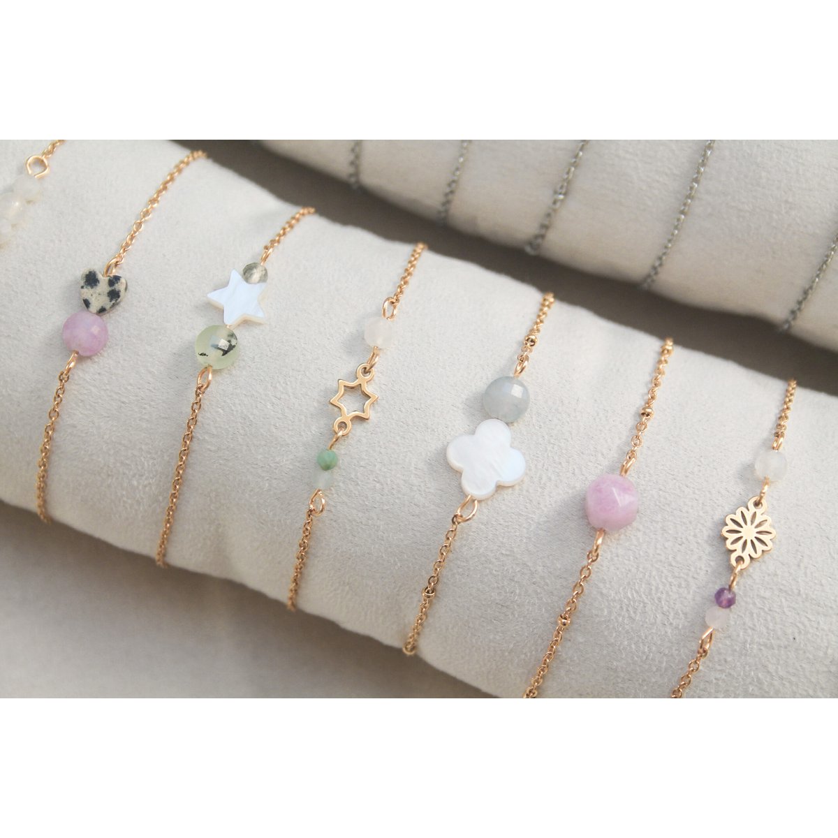 Armband Muschelklee & Aquamarin - Gold