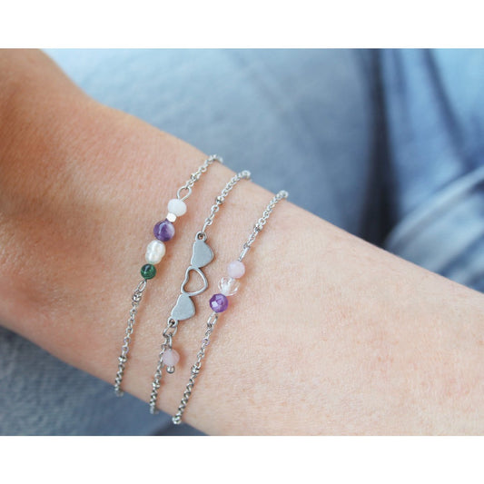 Armband Herzen & Rosenquarz - Silber