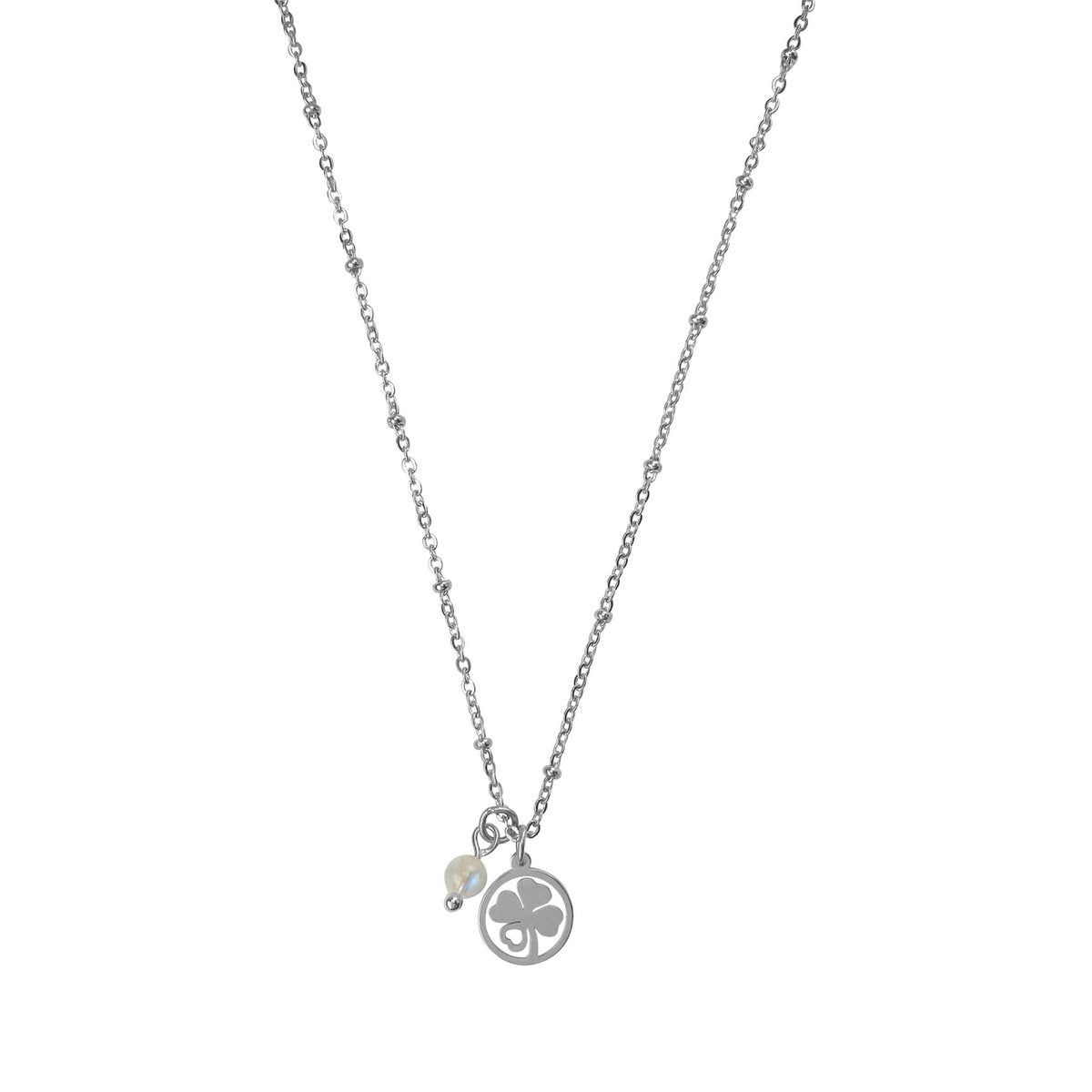 Halskette vierblättriges Kleeblatt & Mondstein - Silber