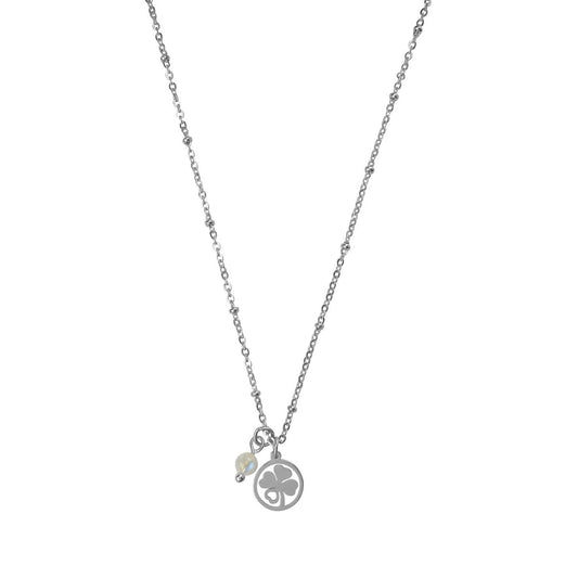 Halskette vierblättriges Kleeblatt & Mondstein - Silber