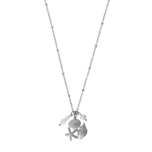 Halskette mit Seestern und Muschel, Perle und Jade – Silber