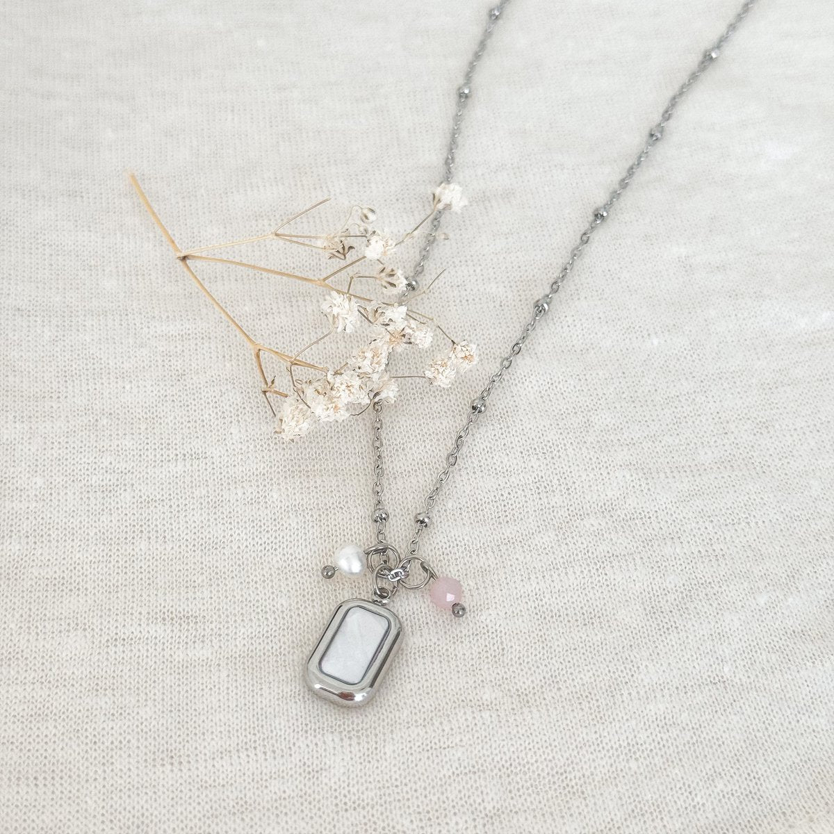 Halskette Muschel, Perle & Jade – Silber