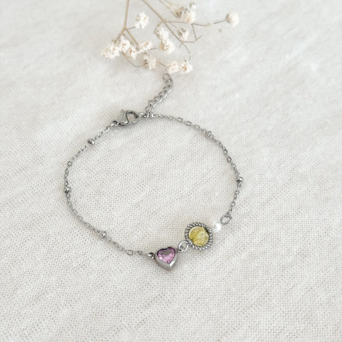 Peridot, Perl- und Herzarmband - Silber