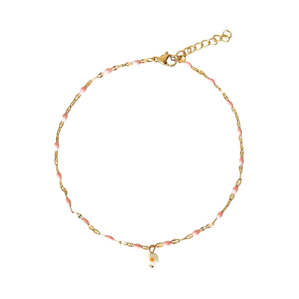 Fußkettchen Rosa Emaille & Gänseblümchen – Gold