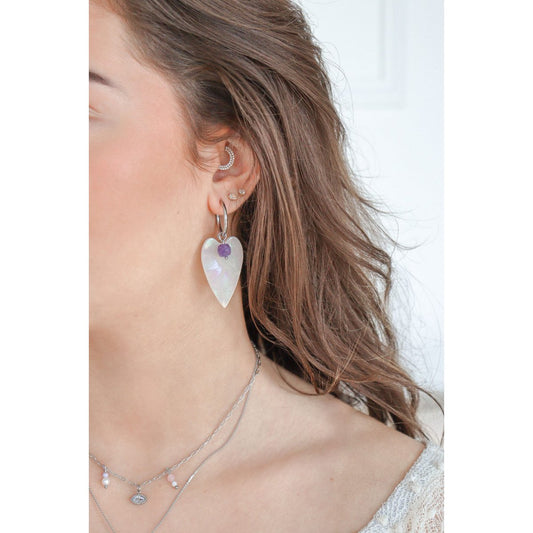 Amethyst-Perlmutt-Herz-Ohrringe – Silber