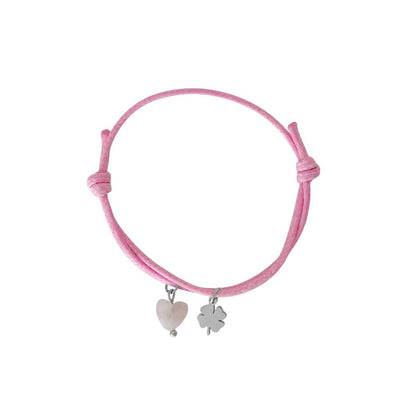 Wachskordel-Armband Rosenquarz & vierblättriges Kleeblatt – Silber