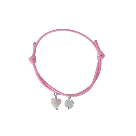 Wachskordel-Armband Rosenquarz & vierblättriges Kleeblatt – Silber