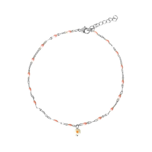 Fußkettchen Rosa Emaille & Gänseblümchen – Silber
