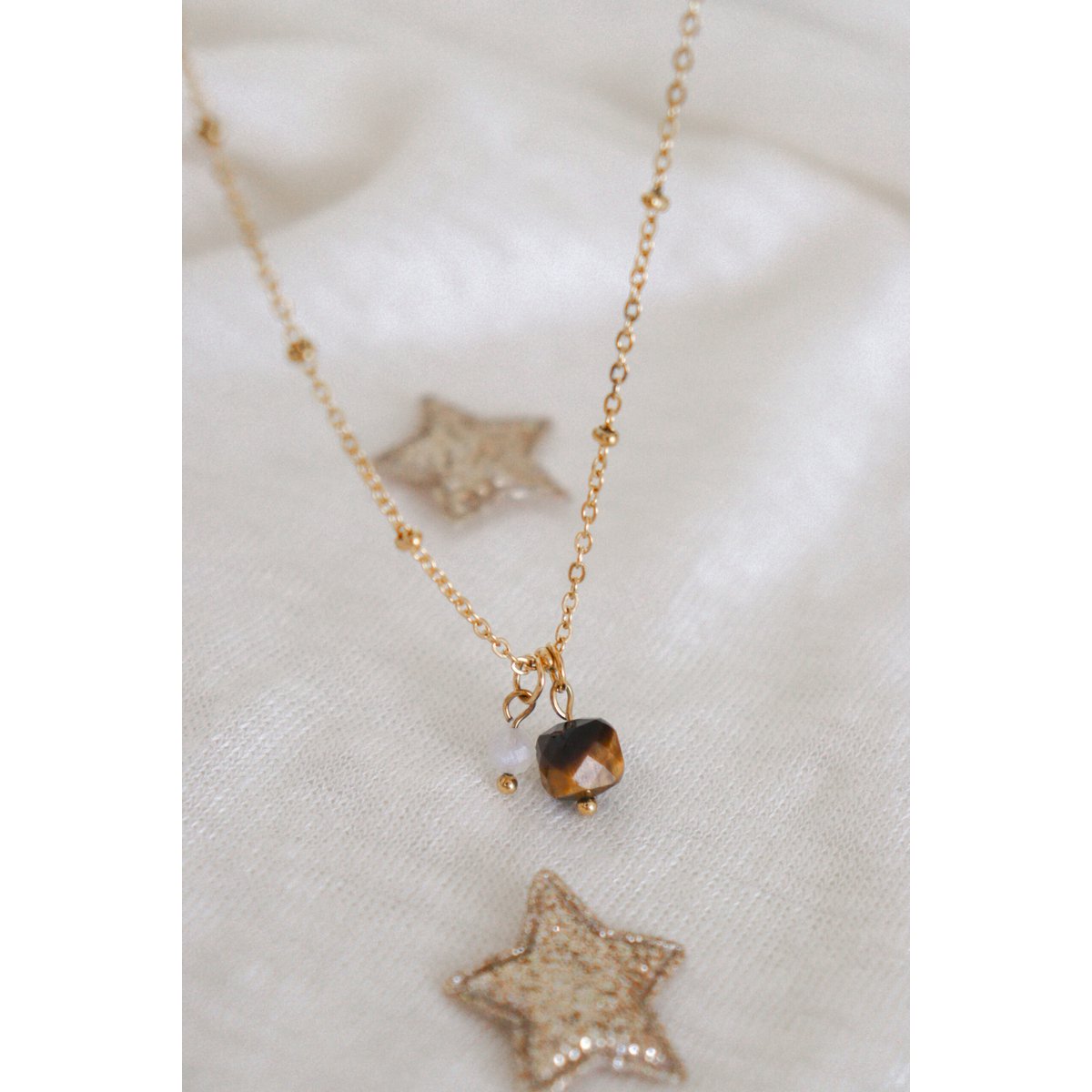 Halskette mit Tigerauge und Mondstein – Gold