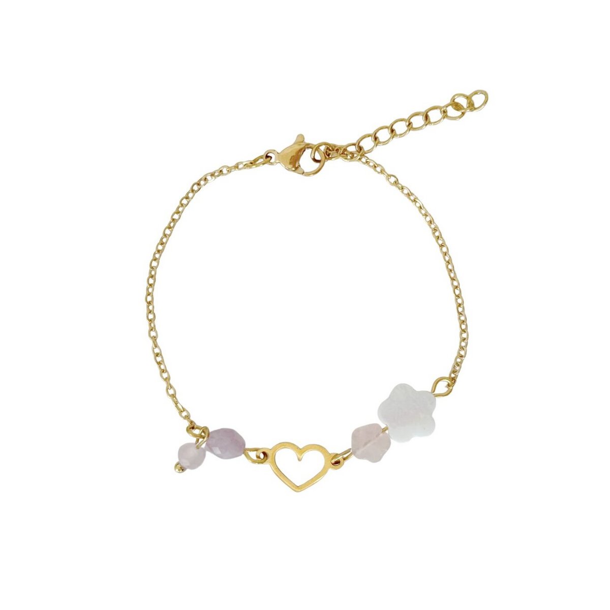 Rosenquarz-Kunzit-Armband Herz und Blumen – Gold