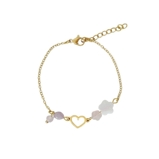 Rosenquarz-Kunzit-Armband Herz und Blumen – Gold