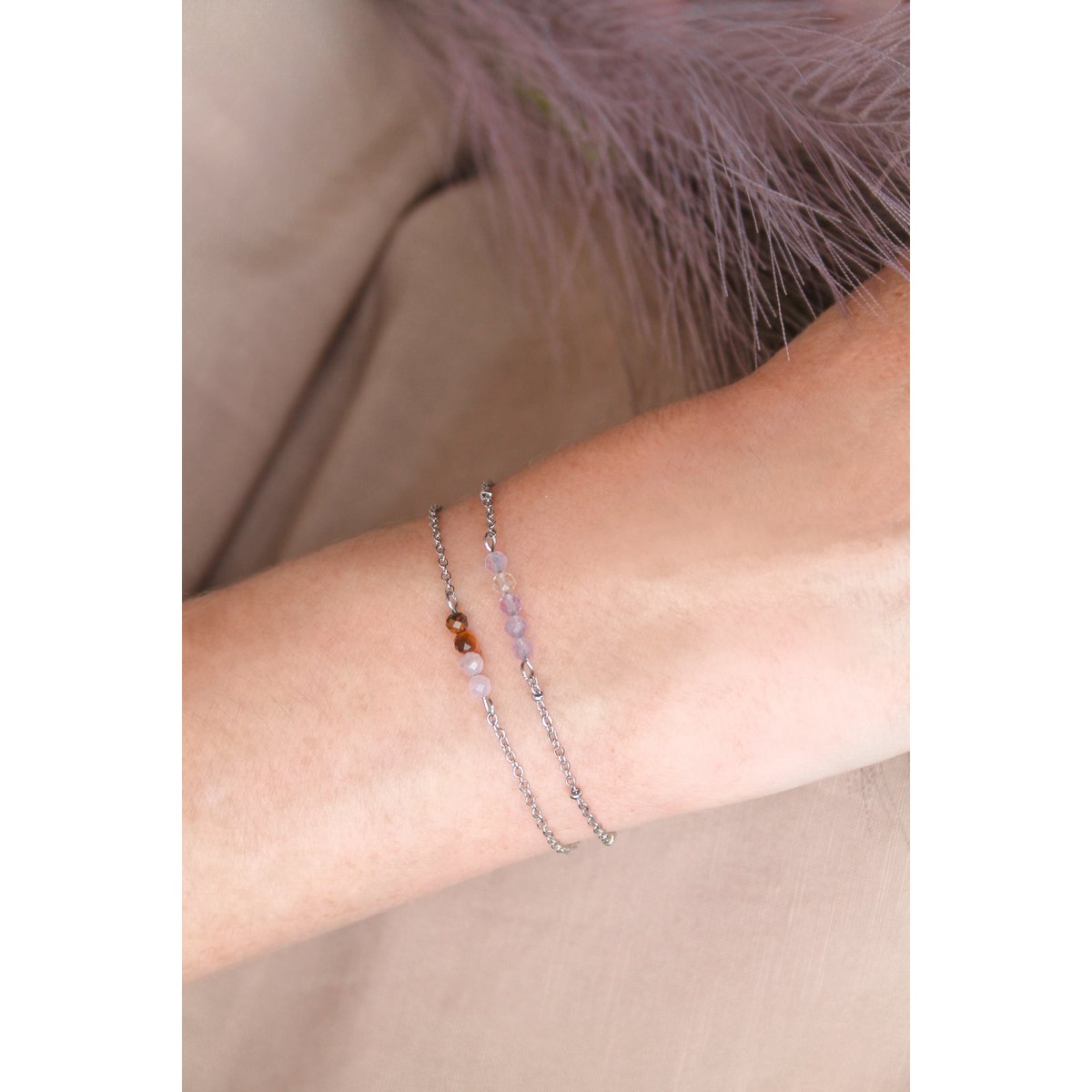 Armband Tigerauge & Kunzit - Silber