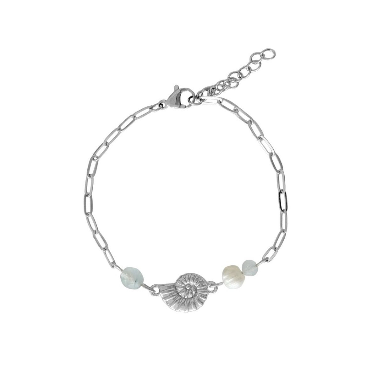 Muschelarmband Aquamarin und Perle – Silber