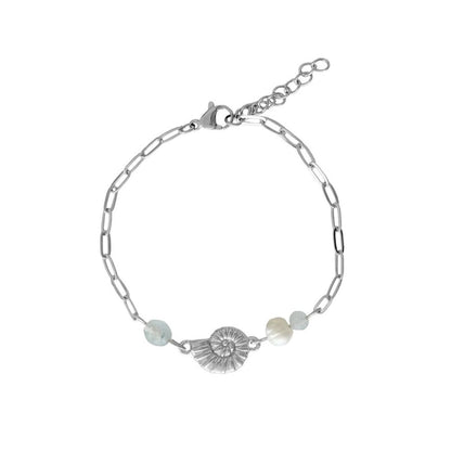 Muschelarmband Aquamarin und Perle – Silber