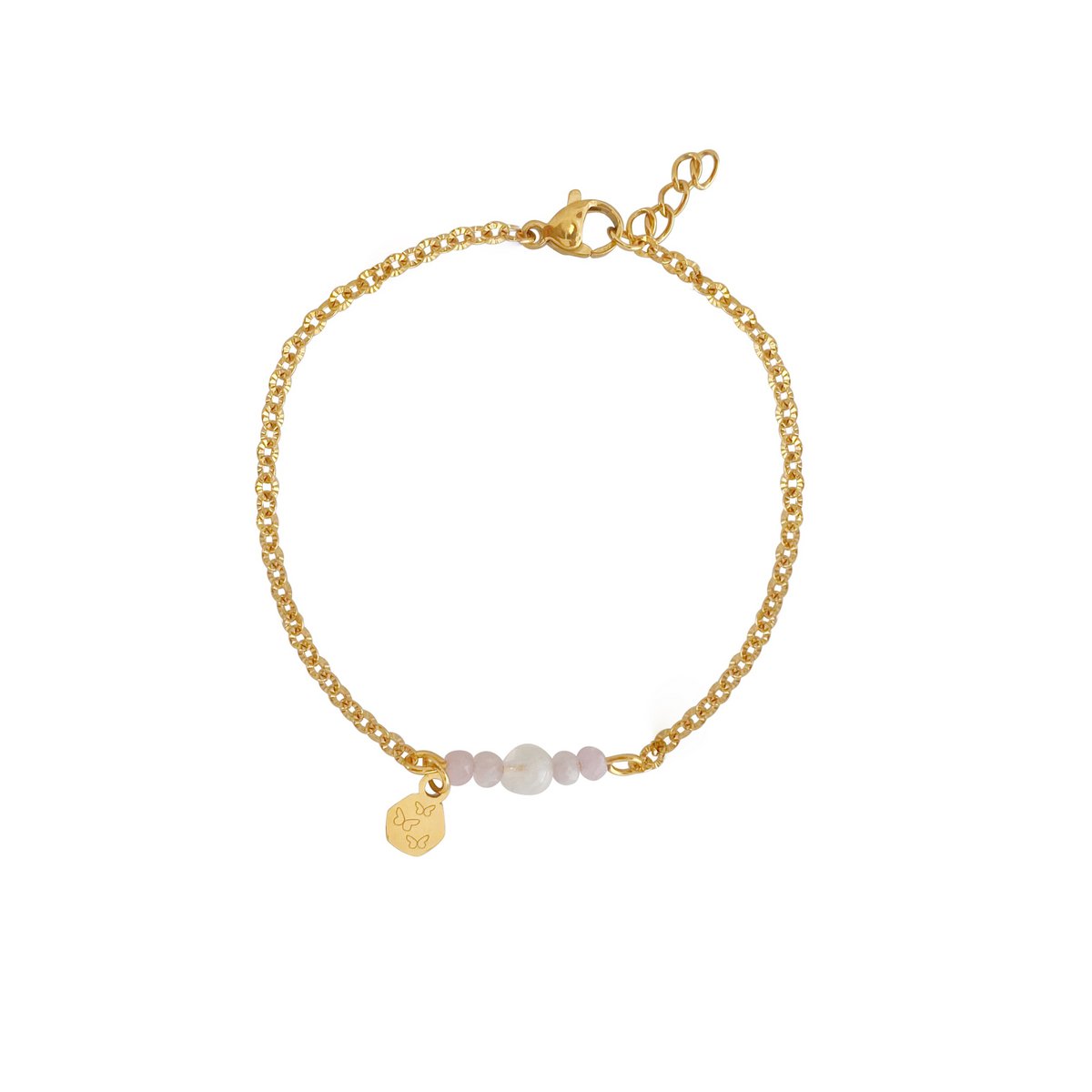 Armband aus Kunzit, Mondstein und Schmetterlingen – Gold