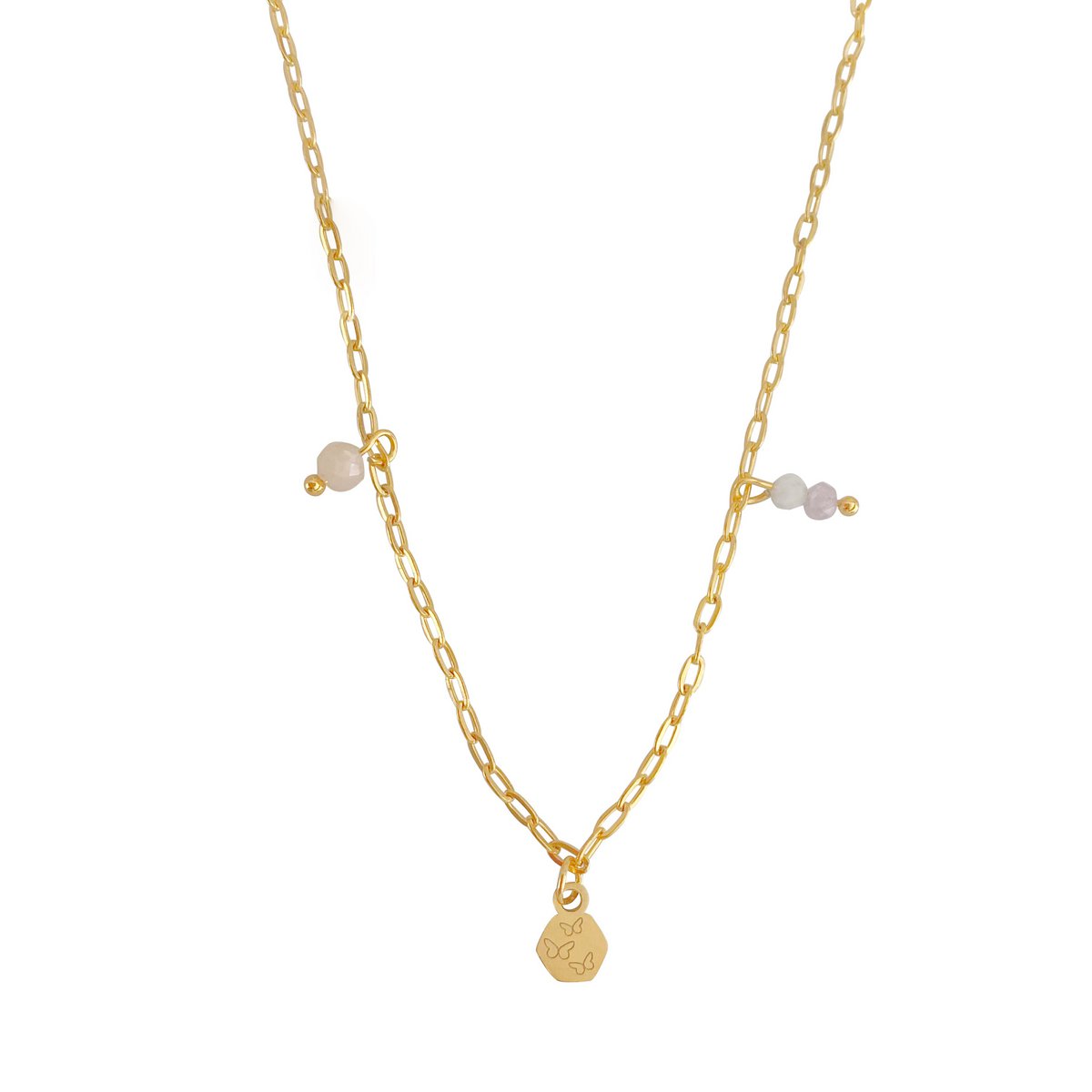 Halskette mit rosafarbenem Opal, Kunzit und Schmetterlingen – Gold