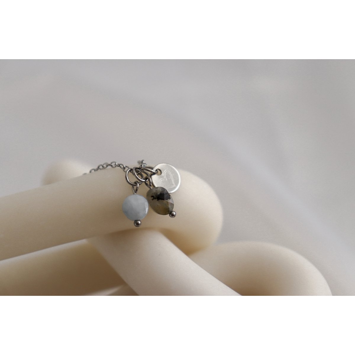 Halskette mit Aquamarin, Labradorit und Herz – Silber