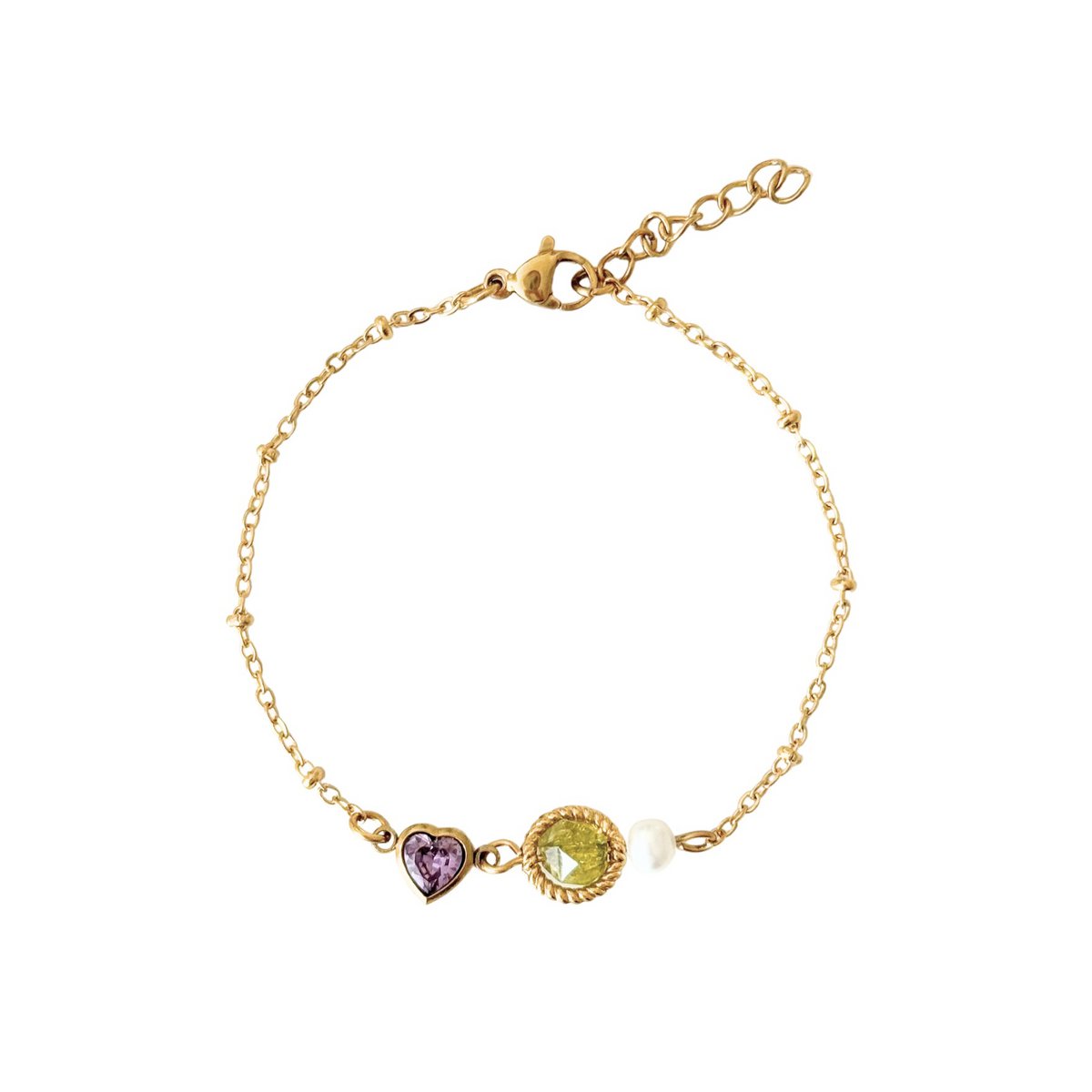 Peridot, Perl- und Herzarmband - Gold